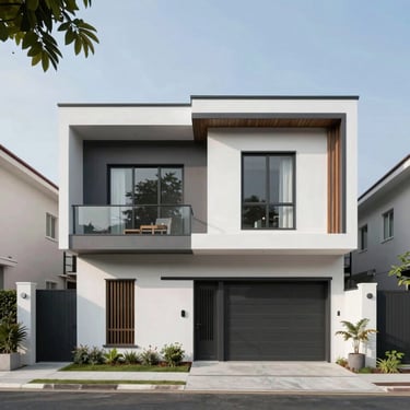 Modern minimalist living room with natural light and wooden accents.