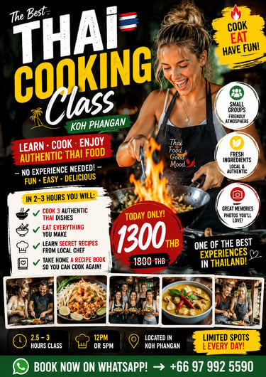 Authentic Thai cooking class poster in Koh Phangan featuring a smiling chef and fresh local food.