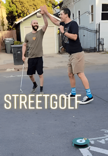 Two urban golfers exchanging high five during street golf game