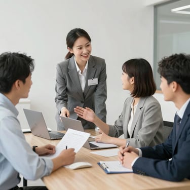 A modern office desk with a laptop, phone, and a cup of coffee, symbolizing professional communication.