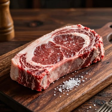 High-end culinary photography of a prime cut of picanha on a rustic dark wood board. Deep red succulent meat, coarse salt, soft side lighting in a cozy South American / Brazilian steakhouse setting.