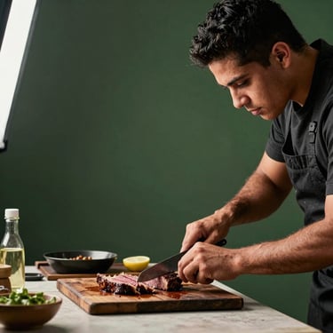 Backstage action shot. A South American / Brazilian social media manager using a smartphone to film a chef slicing juicy meat. High-contrast lighting, matte forest green accents in the background.
