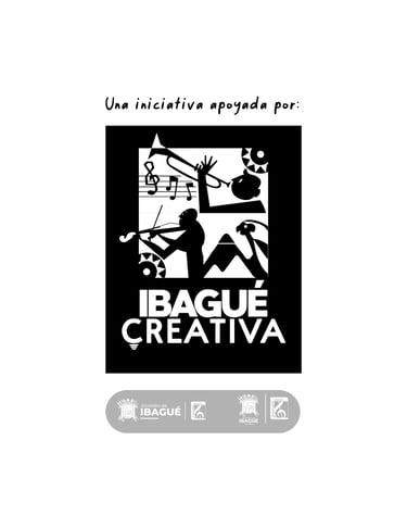 Logo "Ibagué Creativa" con ilustraciones de músicos y el texto "Una iniciativa apoyada por".
