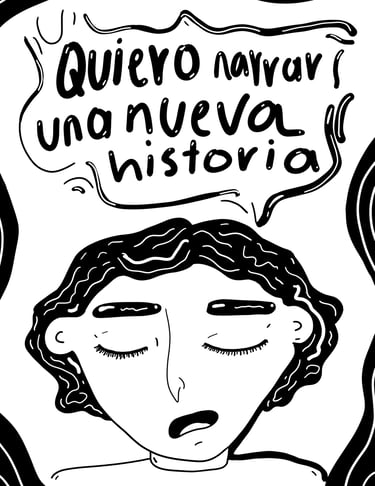 Persona con ojos cerrados y expresión de paz. Burbuja de texto: "Quiero narrar una nueva historia".