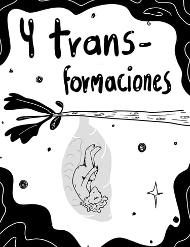 Una figura pequeña dentro de una crisálida colgante. Texto: "...y transformaciones"