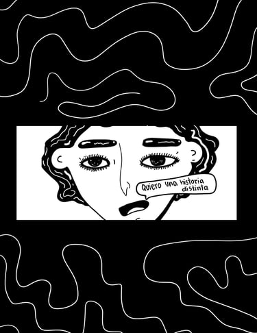 Primer plano de una persona con ojos expresivos. Burbuja de texto: "Quiero una historia distinta".