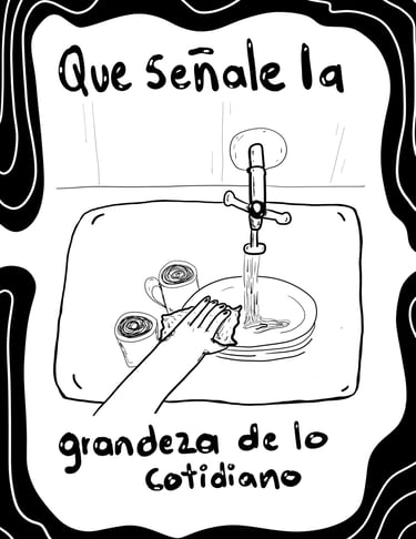 Texto "Que señale la grandeza de lo cotidiano". Una mano lavando un plato bajo el grifo de la cocina.