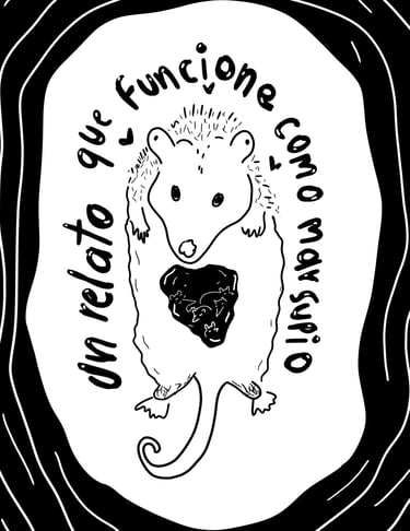 Dibujo de una zarigüeya con su bolsa. Texto: "Un relato que funcione como marsupio".