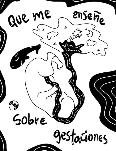 Texto "Que me enseñe sobre gestaciones". Ilustración de un feto conectado a un árbol y elementos espaciales.