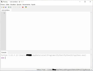 Captura del entorno Thonny una vez abierto con un área blanca central para escribir código.
