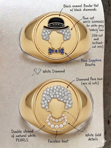 Bespoke gold signet rings featuring diamond pave portraits, blue sapphire bowtie, and natural white pearls.