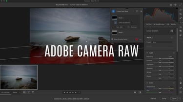 Adobe Camera Raw interface in Photoshop, showing exposure and color adjustments applied to a seascape image.