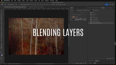 Photoshop interface showing blending layers technique applied to a forest scene for artistic effects.