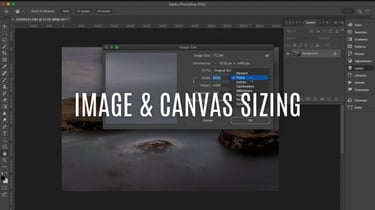 Photoshop interface showing image and canvas sizing options, demonstrating resizing techniques for artists.
