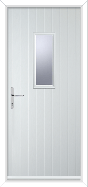 white foil short normanton door with chrome hardware.   small glass panel in the middle composite door