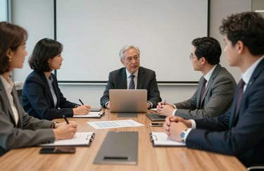 A collaborative strategy session with professionals in a North American / US boardroom, focusing on a creative project, sophisticated atmosphere.