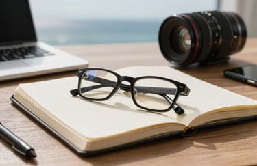 A professional desk setting with a notebook and spectacles, with a view of the ocean in the background, representing clarity and focus.