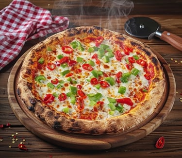 Bell Peppers slices of Red Paprika melted mozarella cheese layered on a cheesy neapolitan style pizza on a wooden Pizza base