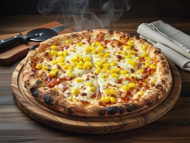 Hot Sweet Corn kernels with cheese layered on a cheesy neapolitan style pizza on a wooden Pizza base