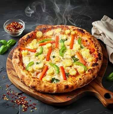 Colorful Sliced Bell Peppers, Sliced baby corns, mozarella cheese layered on a neapolitan style pizza on a wooden Pizza base