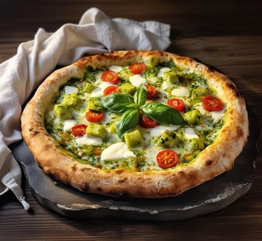 Luxurios Cubes of Paneer Cheese, Cherry tomaotes,pesto sauce,fresh mozarella cheese and Basil, on neapolitan style pizza base