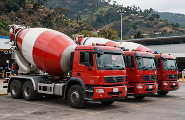 A fleet of modern red and white concrete mixer trucks parked in a row at a dispatch center, professional logistics, South American / Peruvian industrial landscape.