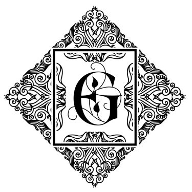 Logo noir de l'auteure Elisabet Guillot - La lettre G stylisée pour la littérature de l'imaginaire dans un cadre décoratif.