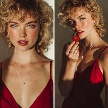 Junge Frau im roten Kleid trägt Silberkette, Ohrringe und Ringe von HeideSchmuck – Editorial Look mit Erdbeere als Accessoire