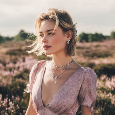 Stilvolle Frau mit Silberketten und Ohrringen von HeideSchmuck in der blühenden Heide – Eleganz inspiriert von der Natur.
