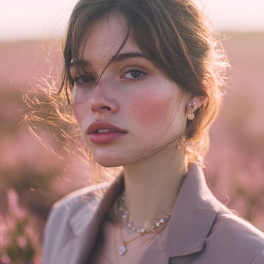 Anhänger von HeideSchmuck liegt auf einem blühenden Heidezweig im Sonnenuntergang – Verbindung von Natur und Eleganz.