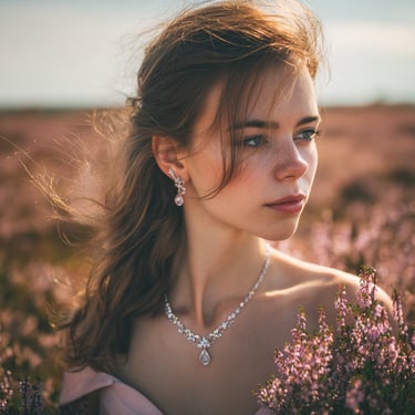 Junge Frau trägt elegante Halskette und Ohrringe von HeideSchmuck in der blühenden Lüneburger Heide.