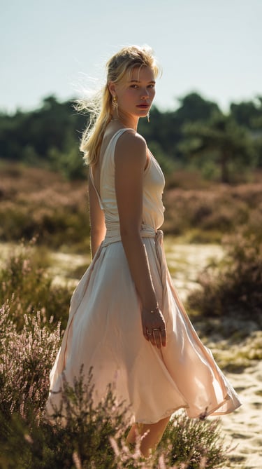 Frau im fließenden Kleid trägt goldenen Schmuck von HeideSchmuck in der blühenden Lüneburger Heide.