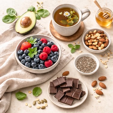 Healthy superfoods featuring berries, dark chocolate, herbal tea, nuts, and avocado for a balanced diet.