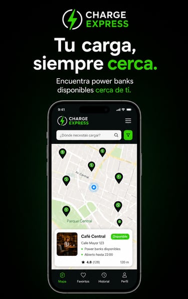 Aplicación móvil de alquiler de baterías portátiles con mapa de estaciones de carga para restaurante