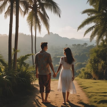 A couple hiking hand-in-hand through a lush tropical rainforest.