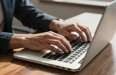 Close-up of hands typing on a sleek, metallic laptop keyboard on a polished wooden desk in a sunlit North American office.