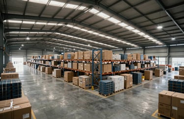 Photography of an expansive, well-lit logistics warehouse in a South Asian industrial park, reflecting efficiency and large-scale operations.