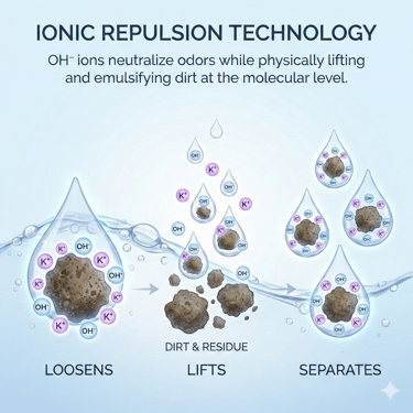 OH⁻ ions neutralize odors while physically lifting and emulsifying dirt at the molecular level.