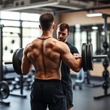 A shirtless man performs a barbell curl in a gym while a trainer stands in front of him