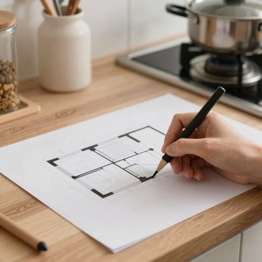 Main en train de dessiner le plan d'aménagement intérieur dans une cuisine