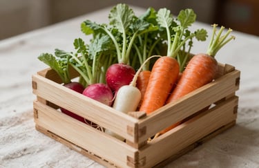 Detail of a small minimalist wooden crate filled with assorted baby vegetables like radishes and carrots, resting on a off-white linen cloth.