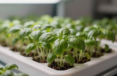 Close-up of vibrant green basil microgreens growing in a clean, modern vertical farm tray, soft natural sunlight, North American interior setting.
