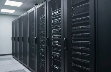 A modern server room with clean, sophisticated lighting, representing secure data storage for healthcare technology in North American / US.