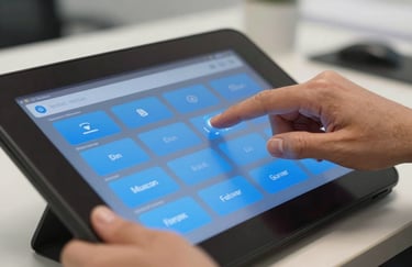 A close-up shot of hands interacting with a high-definition touch screen, showcasing an intuitive app layout with bright blue buttons. North American office setting, clean and professional style.