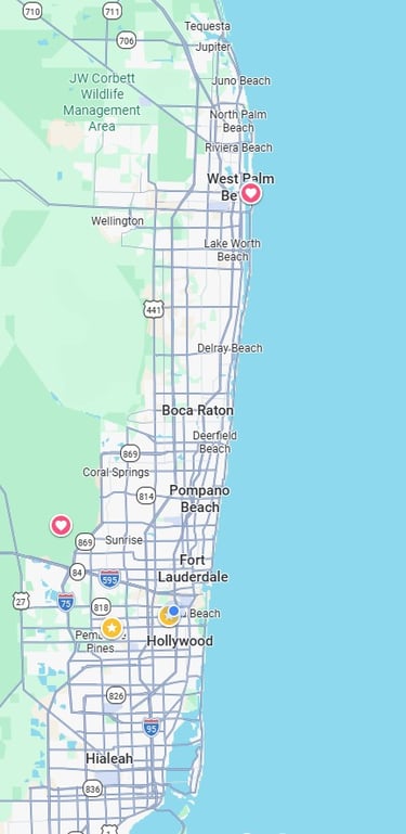 Map of Southeast Florida coast showing West Palm Beach, Boca Raton, and Fort Lauderdale.