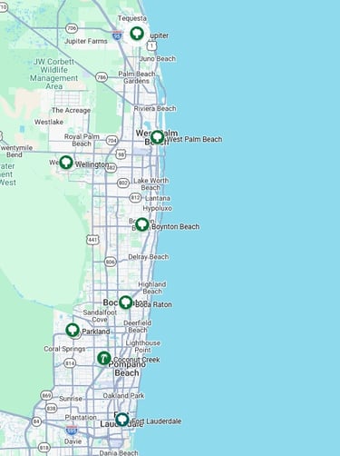 Map of South Florida coastal cities with green location markers from Jupiter to Fort Lauderdale.