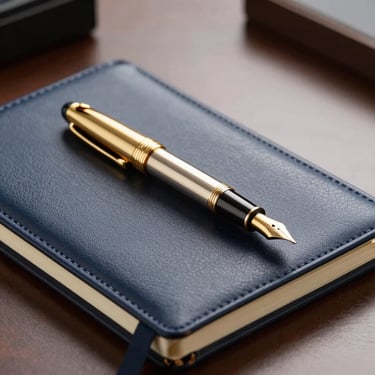 A professional detail shot of a luxury gold fountain pen resting on a dark navy blue leather notebook on a clean, polished executive desk.