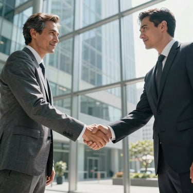 A professional handshake between two business leaders in a bright, modern glass-walled lobby in a North American corporate district.