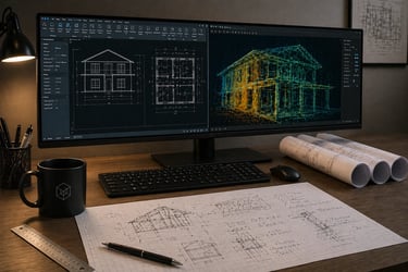 Stanowisko pracy inżyniera – komputer z projektem technicznym