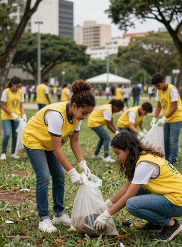Young Desbravadores participating in a community clean-up project in a Brazilian urban park, wearing yellow volunteer vests.